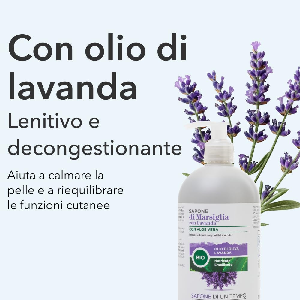 Sapone di un Tempo Detergente Intimo pH 4.5 + Sapone di Marsiglia Lavanda + Docciaschiuma Shampoo Aloe Argan 1500ml, Naturale, Vegan, Detergenti Corpo, Igiene Intima Donna, Mani e Capelli