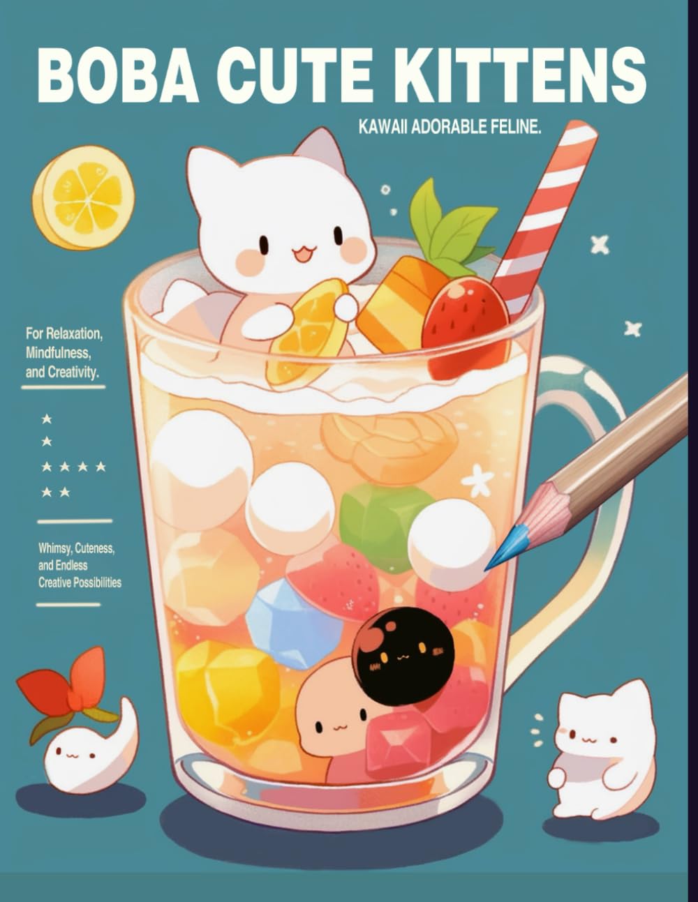 KAWAII BOBA CUTE KITTENS COLORING BOOK: Adorable Feline Fun in a Whimsical World of Color, Good for Relaxation, Mindfulness, and Creativity