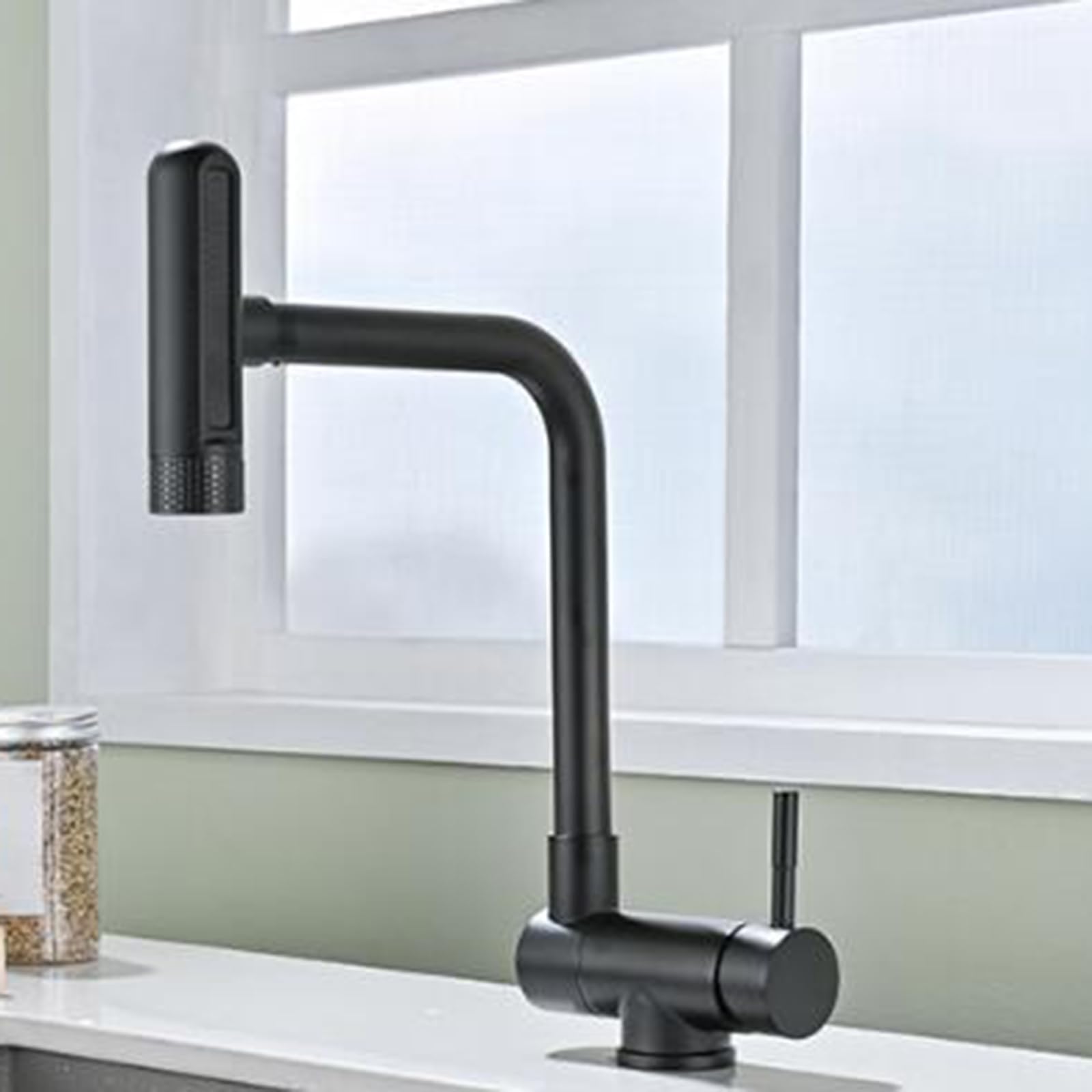 Robinet de cuisine pliable sous fenêtre pour évier lumineux gris