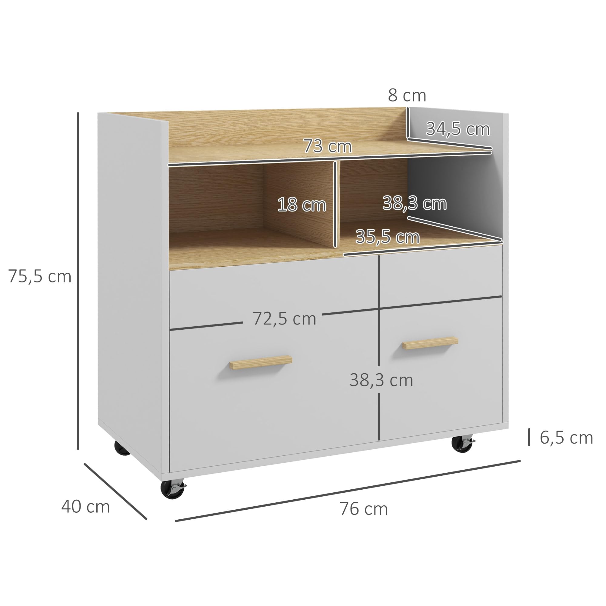Vinsetto Cajonera de Oficina Armario Archivador Móvil Cajonera Escritorio con Ruedas Cajón Barras Colgantes para Tamaño A4 y 2 Compartimientos para Estudio Salón 76x40x75,5 cm Roble y Blanco