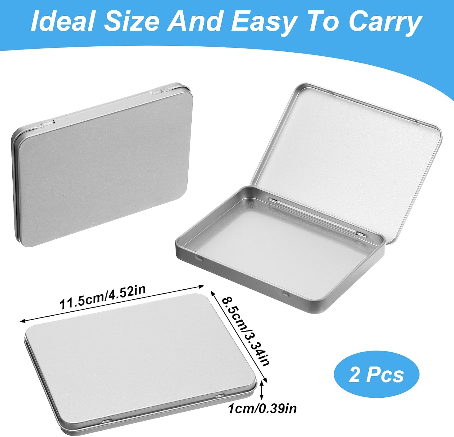 2 Pcs Metal Hinged Tin Box, 4.5 X 3.34 X 0.4 Inches Rectangular Metal Tins with Lids Metals Container with Hinged Lid Portable Storage Tin Case for Storage Drawing Pin Candies Jewelry Crafts