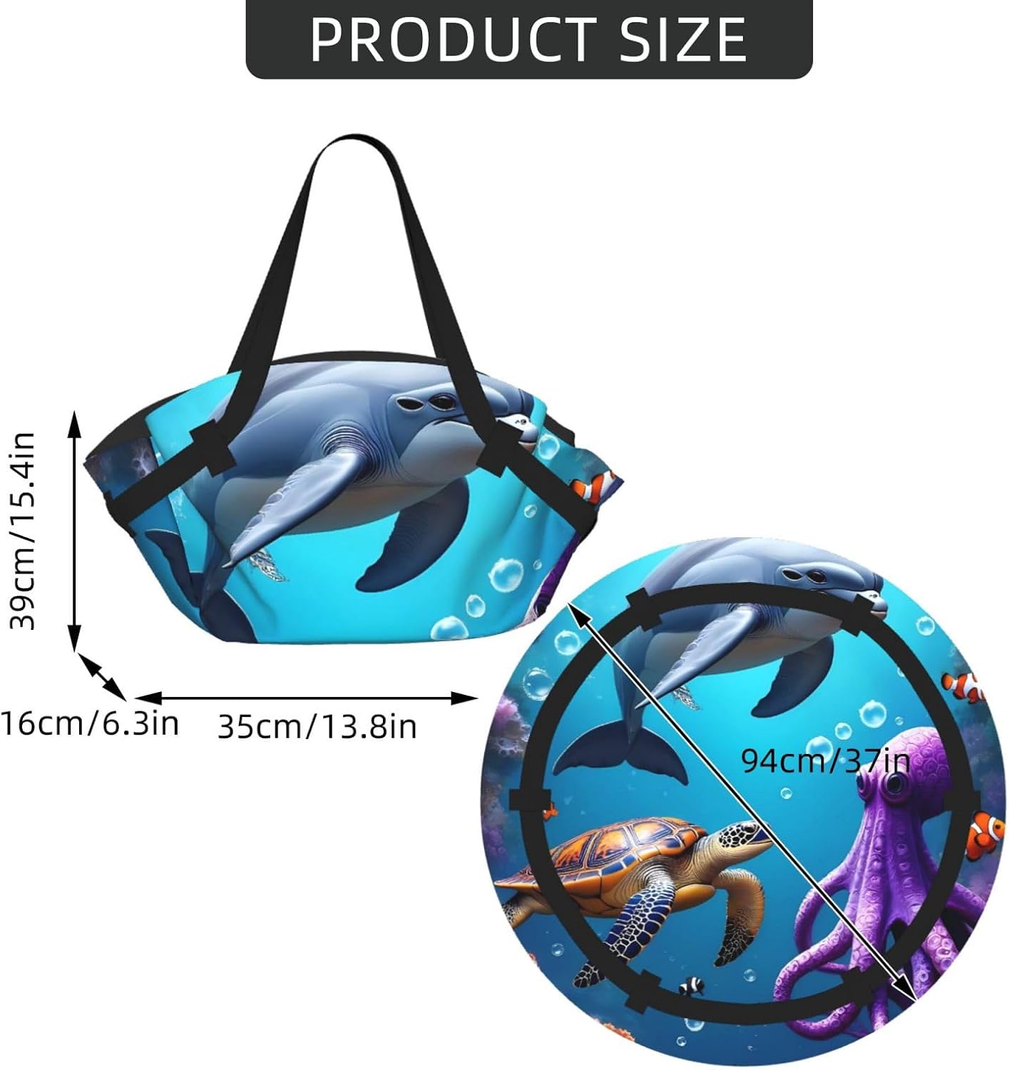 Underwater Turtle Dolphin Octopus Pattern Foldable Camping Tote Bag Picnic Blanket Bag Portable Beach Mat Tote Waterproof Outdoor Picnic Mat Carry Bag