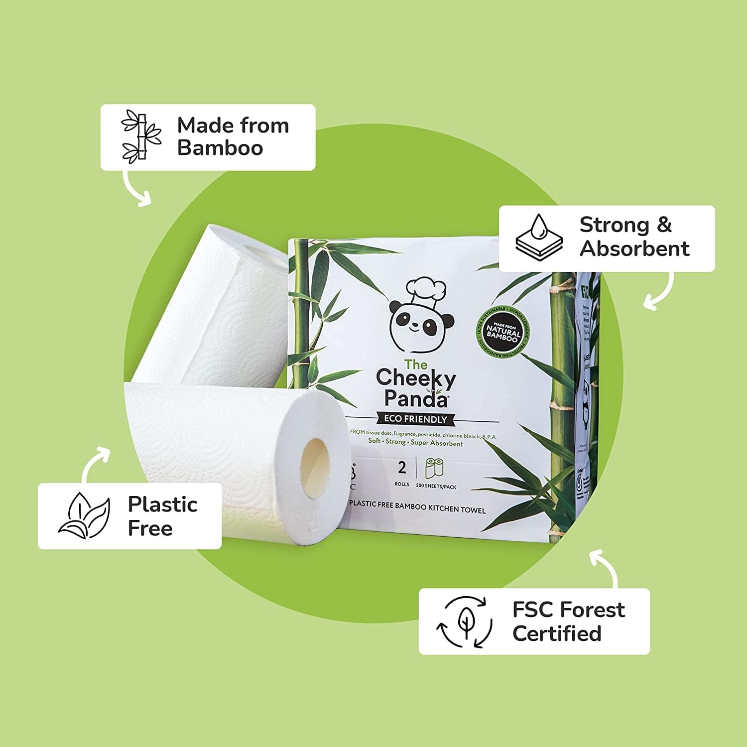 The Cheeky Panda - Bamboo Paper Towels | Mega 200 Sheet Paper Towels Rolls | 400 x 2 Ply Paper Towel Sheets | Strong and Sustainable