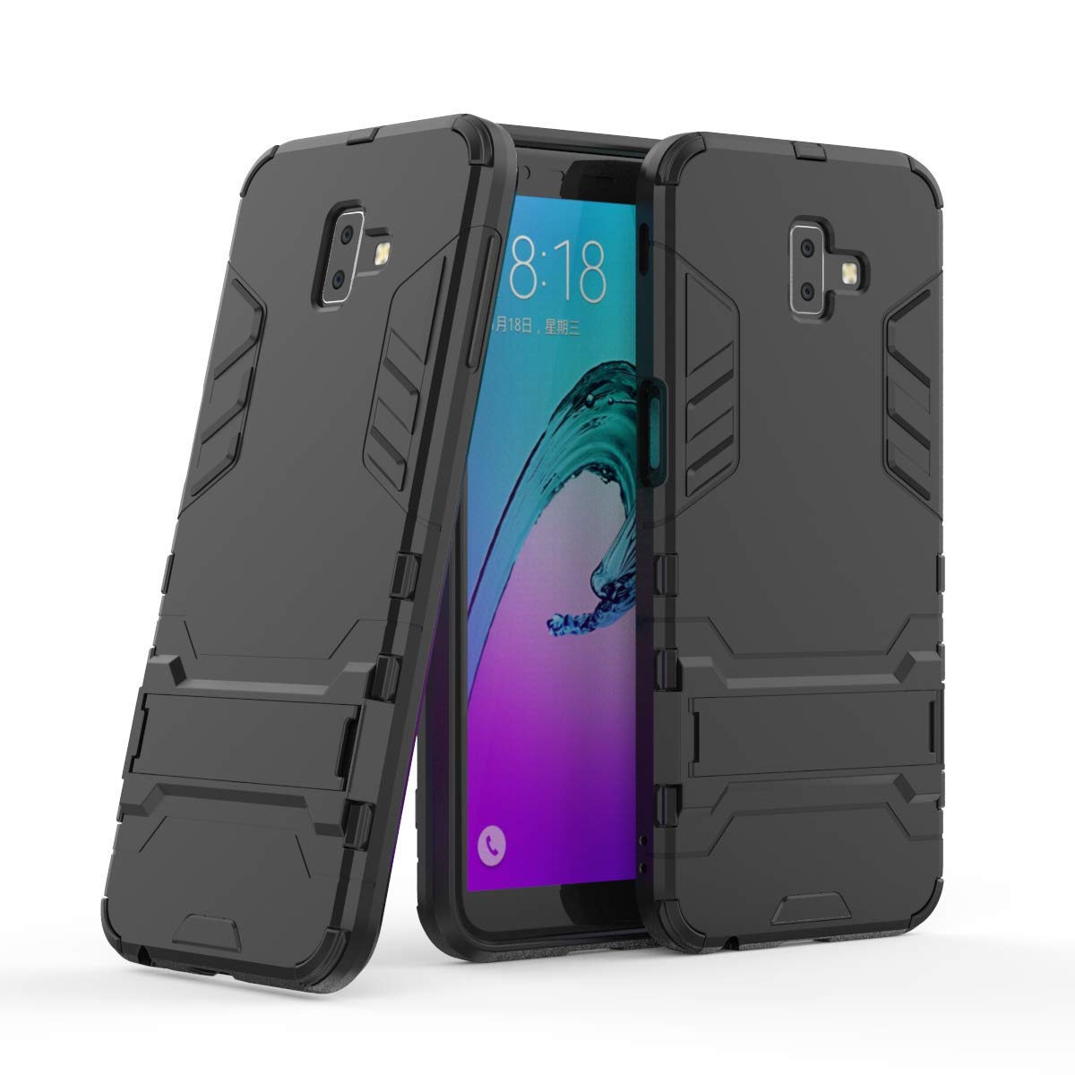 Mylne Kickstand Case for Samsung Galaxy J6 Plus,Cool Dual Layer Hard PC  Back Case with Stand Function Shockproof Full Body Cover,Black