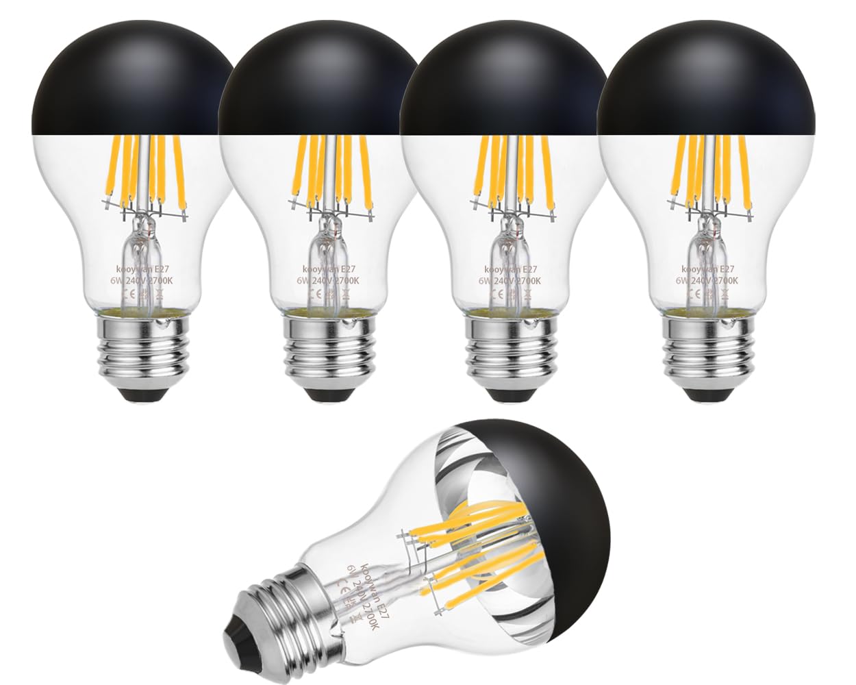KOOYWAN Black Crown Light Bulb-E27 Screw Bulb Dimmable 6W (60W Equivalent) A60 A Shape Decorative LED Classic Edison Bulb Black Mirror Reflected Light 2700K Warm White-Pack of 5 — image 1