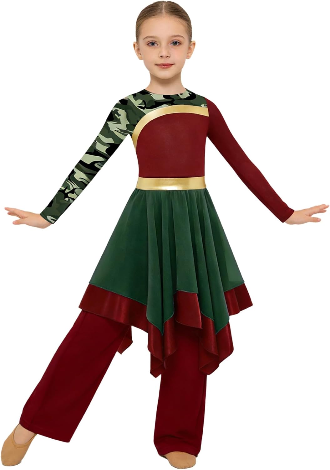 FEESHOW Kids Girls Praise Dance Outfits Camouflage Print Asymmetrical Dress with Pants for Worship Dance Church Choir