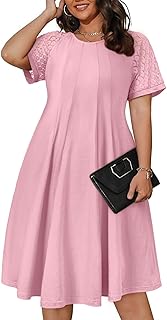 Womens Plus Size Dress Lace Short Sleeve Crewneck Casual Pleated Swing Midi Dresses with Pockets(1X-5X) - Buy now