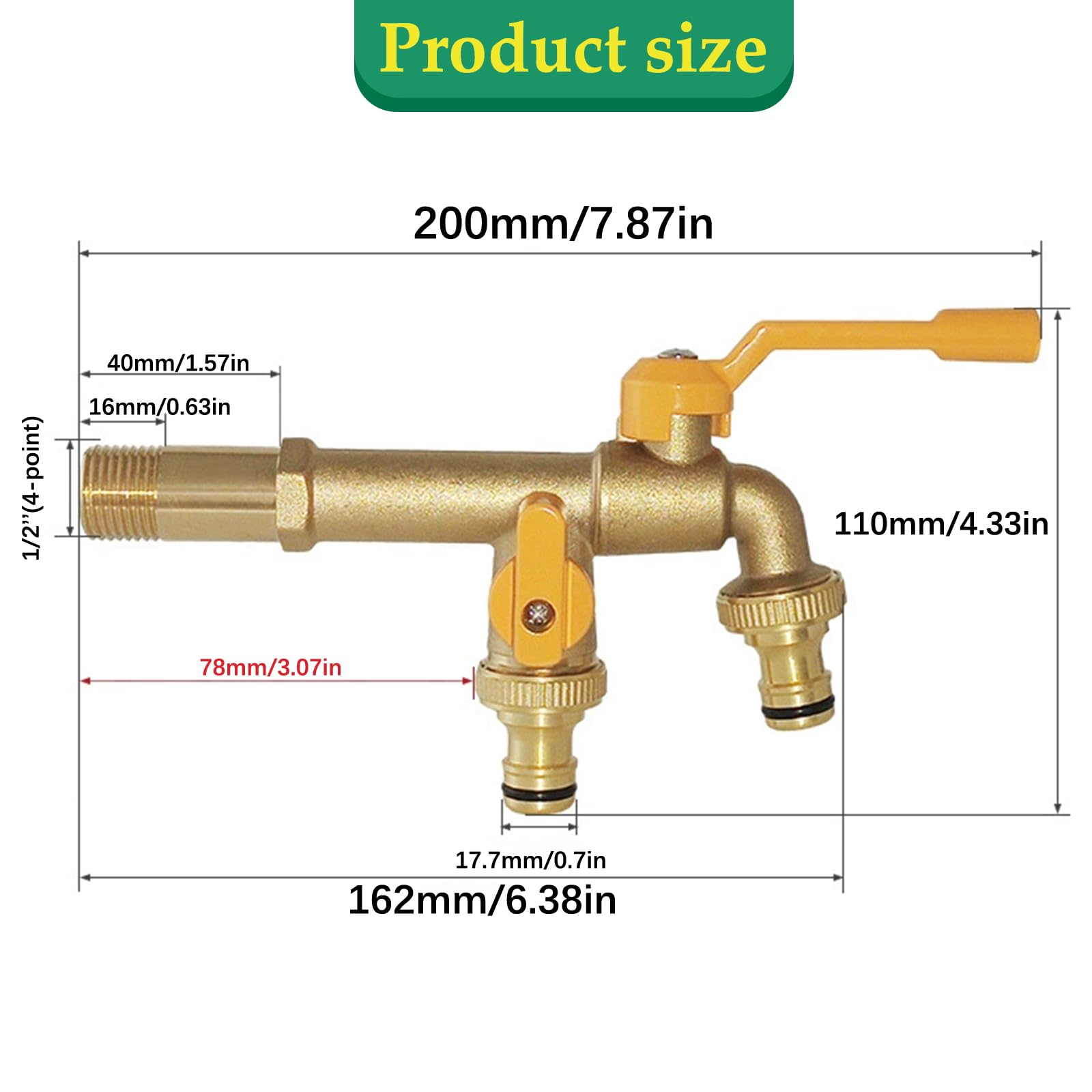 Robinet Exterieur Jardin à Double Sortie, Répartiteur de Tuyau en Laiton Inoxydable 2 Voies avec Entrée 1/2 et 2 Sorties 3/4 Pouces, Kit de Robinet Extérieur pour Jardin, Maison, Industrie