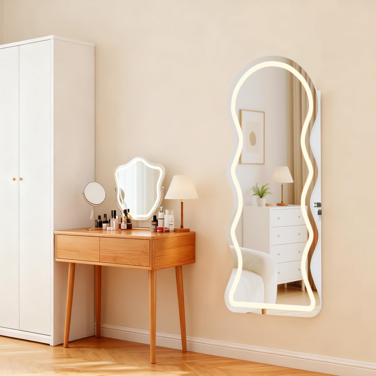 HOOBRO Armario Joyero de Pared con Iluminación LED y Espejo, Cerradura, Puerta Abatible, Blanco EWT08CDJC04