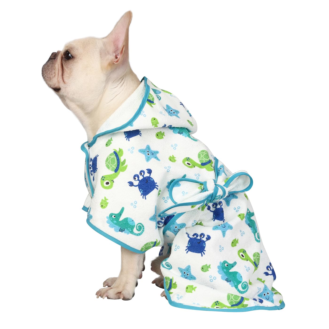 HDE Dog Bathrobe Super Absorbent Quick Drying Puppy Towel Wrap Coat Adjustable After Bath Robes with Hood for Dog Sizes S-XXL Sea Animals S