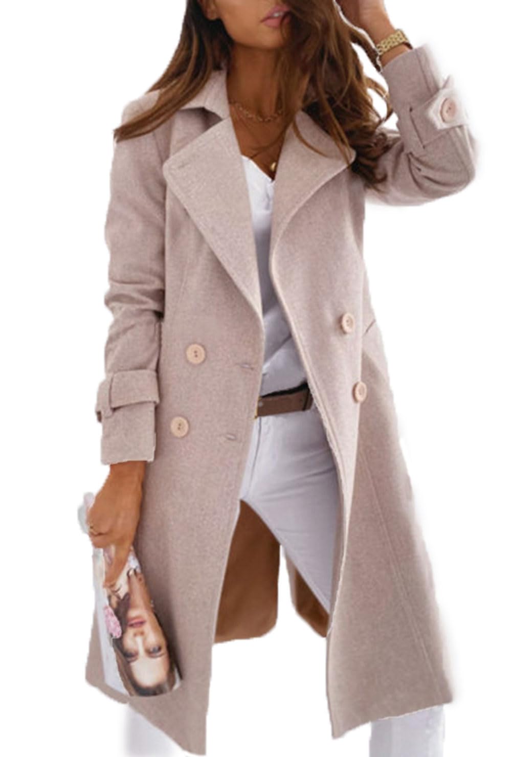 Women Elegant Double Breast Wool Blend Pea Coat Winter Long Coats Jacket Overcoat