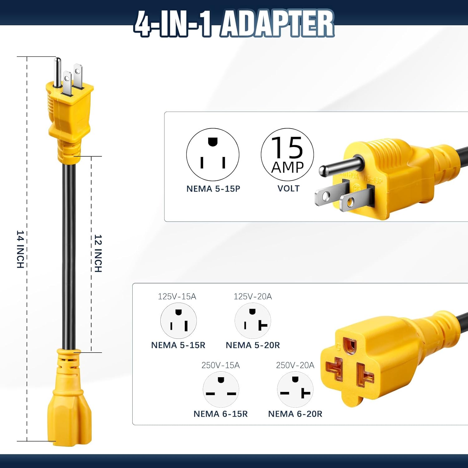 10FT 15 Amp Household to 20 Amp AC Power Adapter Cable 12AWG, [4 in 1] NEMA 5-15P to 5-15R, 5-20R, 6-15R, 6-20R T Blade Adaptor, 15A 125V to 20A 250V, 15Amp 125V to 20Amp 253V Extension Cord