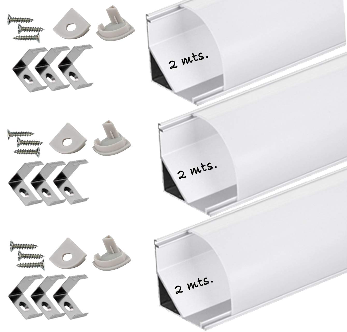 Profil aluminium pour bande LED avec diffuseur opaque PACK 6 mètres avec support de montage angulaire L, barre en aluminium LED