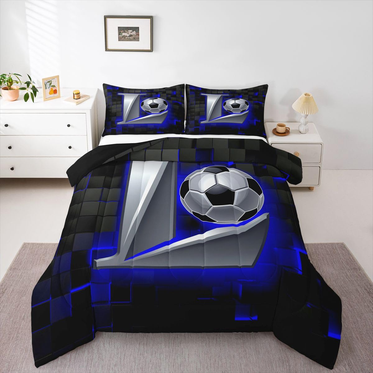 Homewish Piłka nożna pojedyncza kołdra zestaw - piłka nożna litera L zestaw pościeli neonowa czarna niebieska gra w kratkę zestaw kołdry - gry sportowe bez przykrycia kołdra z 1 poszewką na poduszkę s