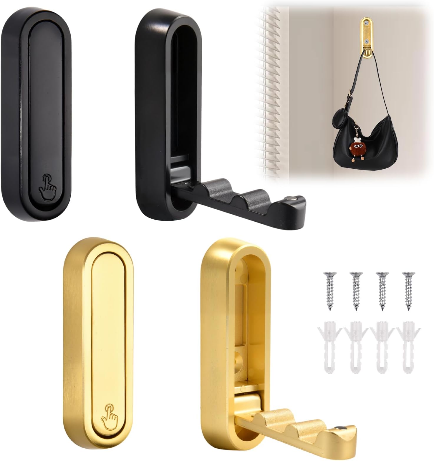4 Pcs Folding Coat Hook, Heavy Duty Foldable Wall Hooks, Invisible Retractable Hooks for Hanging Coats Hats Keys Bags, Space-Saving Flip Down Hook for Bathroom Entryway Closet (Golden,Black)