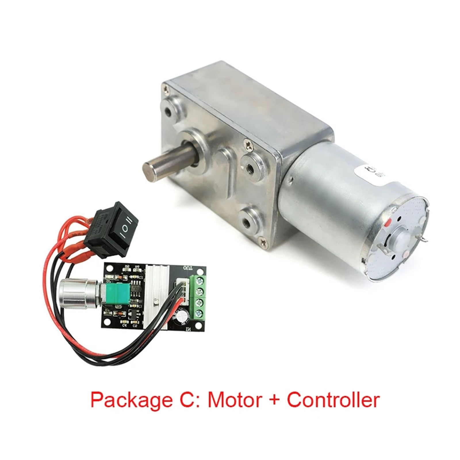 Motorreductor de tornillo sin fin JGY370 DC 6V 12V 24V + Soporte + Controlador de velocidad + Fuente de alimentación + Engranaje metálico(12V 50RPM,Package C)