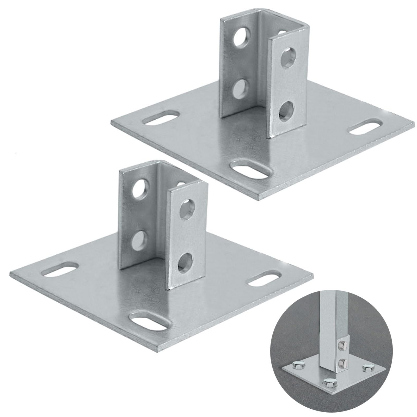 2Pcs Post Base, 4 Holes Square Mount for 1-5/8” Single Strut Channel - Side Orientation - 6-inch x 6-inch Base (2)