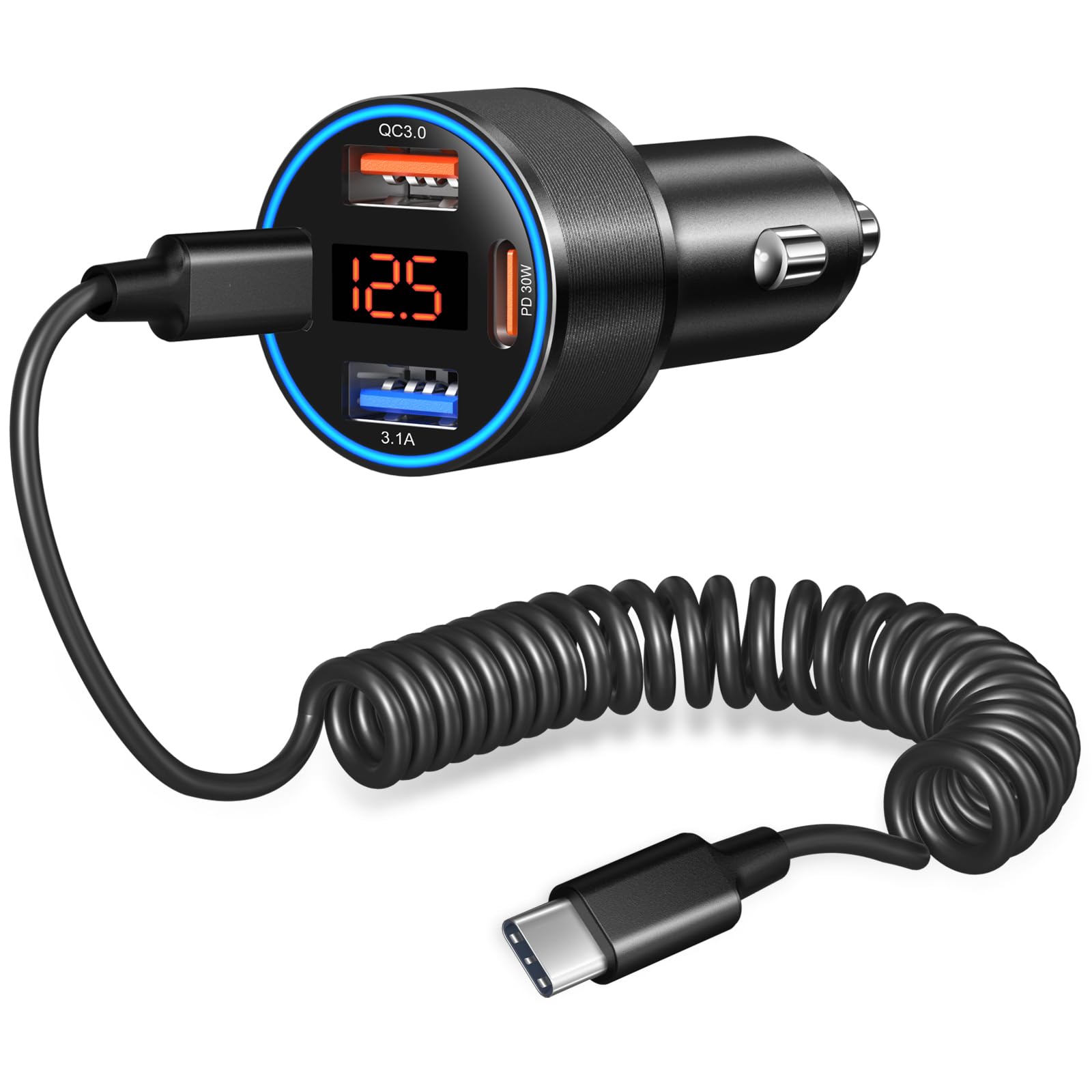 USB C Car Charger, Bangfun 4-Port 65W Super Fast Car Phone Charger Dual 12V USB-C & USB-A Cigarette Lighter Adapter with Voltage Display for iPhone 17 16e 15 Pro Max Plus+5ft Type C Car Charger Cable