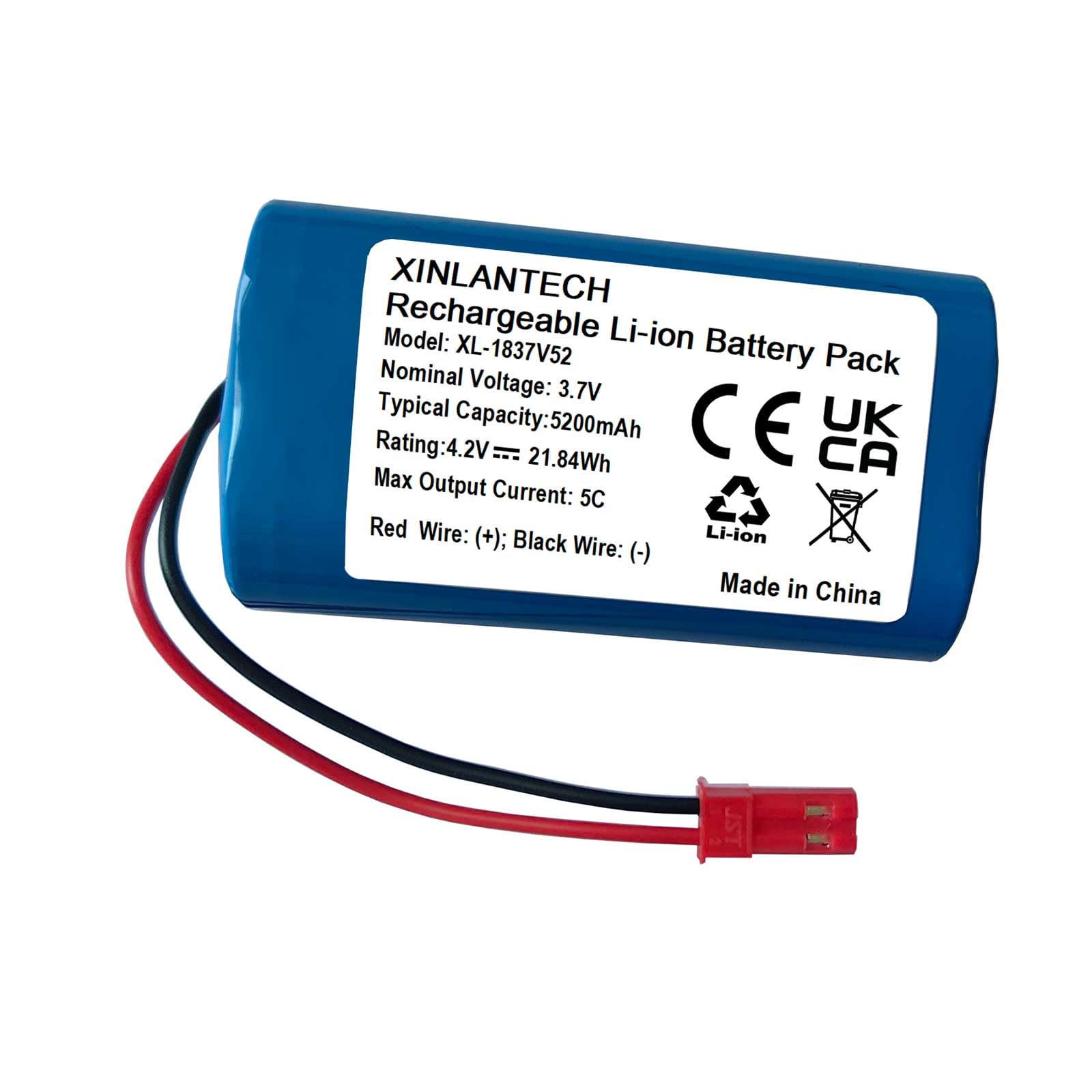 5200mAh 3.7v Rechargeable Li-ion Battery with 2P JST Red Plug, DIY Batteries 18650 1S2P Battery Pack Support 5C Continuous Discharge Outdoor