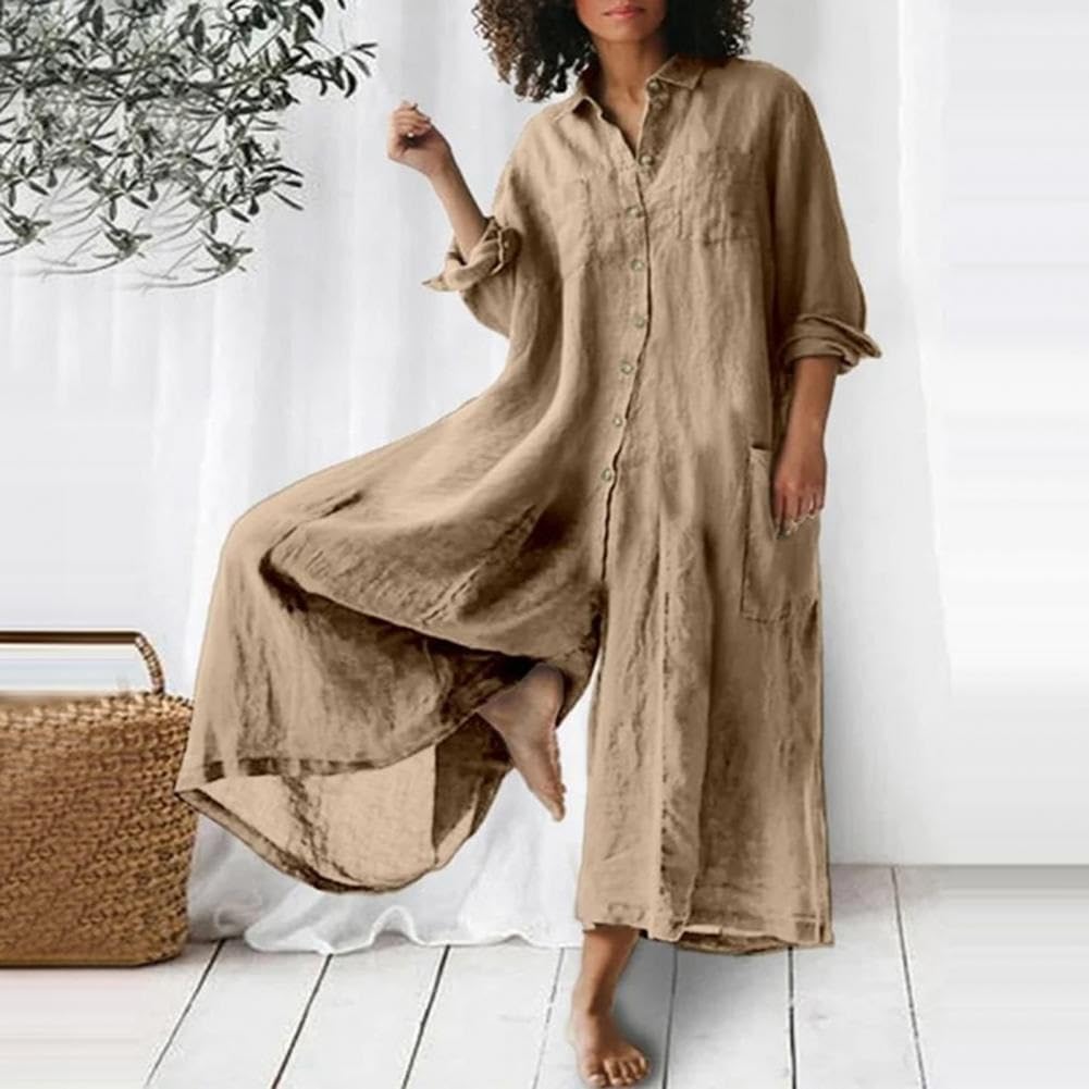 Tuta Intera in Lino da Donna Tuta da donna in lino di cotone oversize con bottoni vintage tuta spiaggia casual estiva pantaloni larghi pagliaccetto ampio