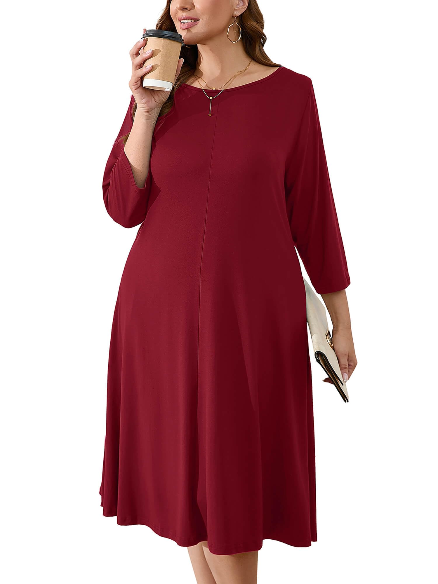 AusLook Women's Plus Midi Dresses Crew Neck A Line 3/4 Sleeves Casual Elegant Loose Wedding Vacation Dress with Pockets