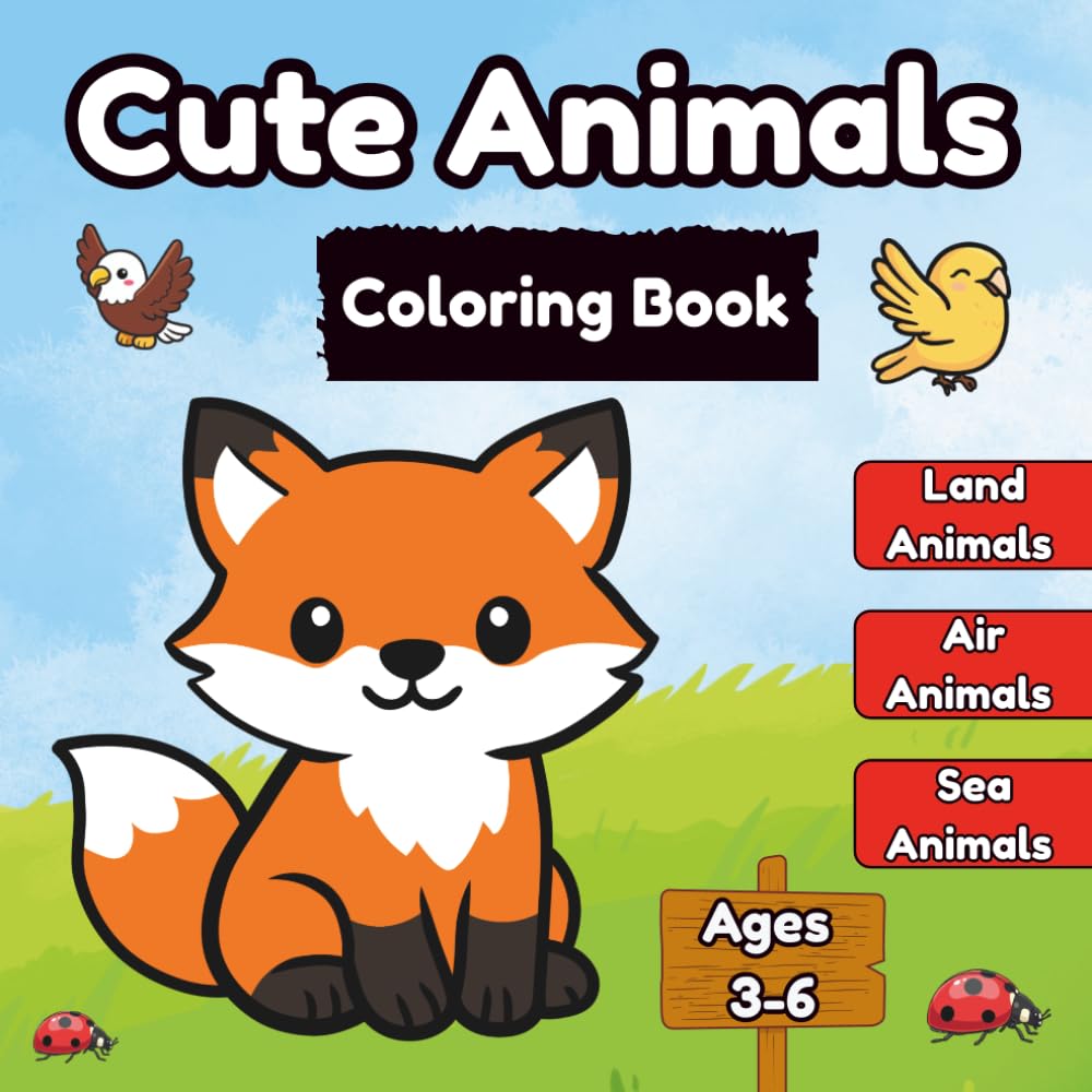 Cute Animals Coloring Book: Explore Land, Air, and Sea Creatures, for ages 3-6