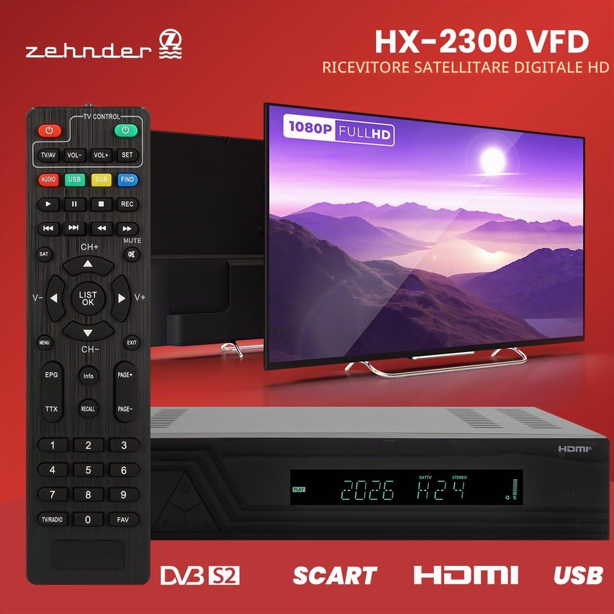 ZEHNDER HX-2300-VFD HD ricevitore satellitare - AAC-LC, PVR, HDMI, SCART, USB, coassiale – display alfanumerico, Timeshift