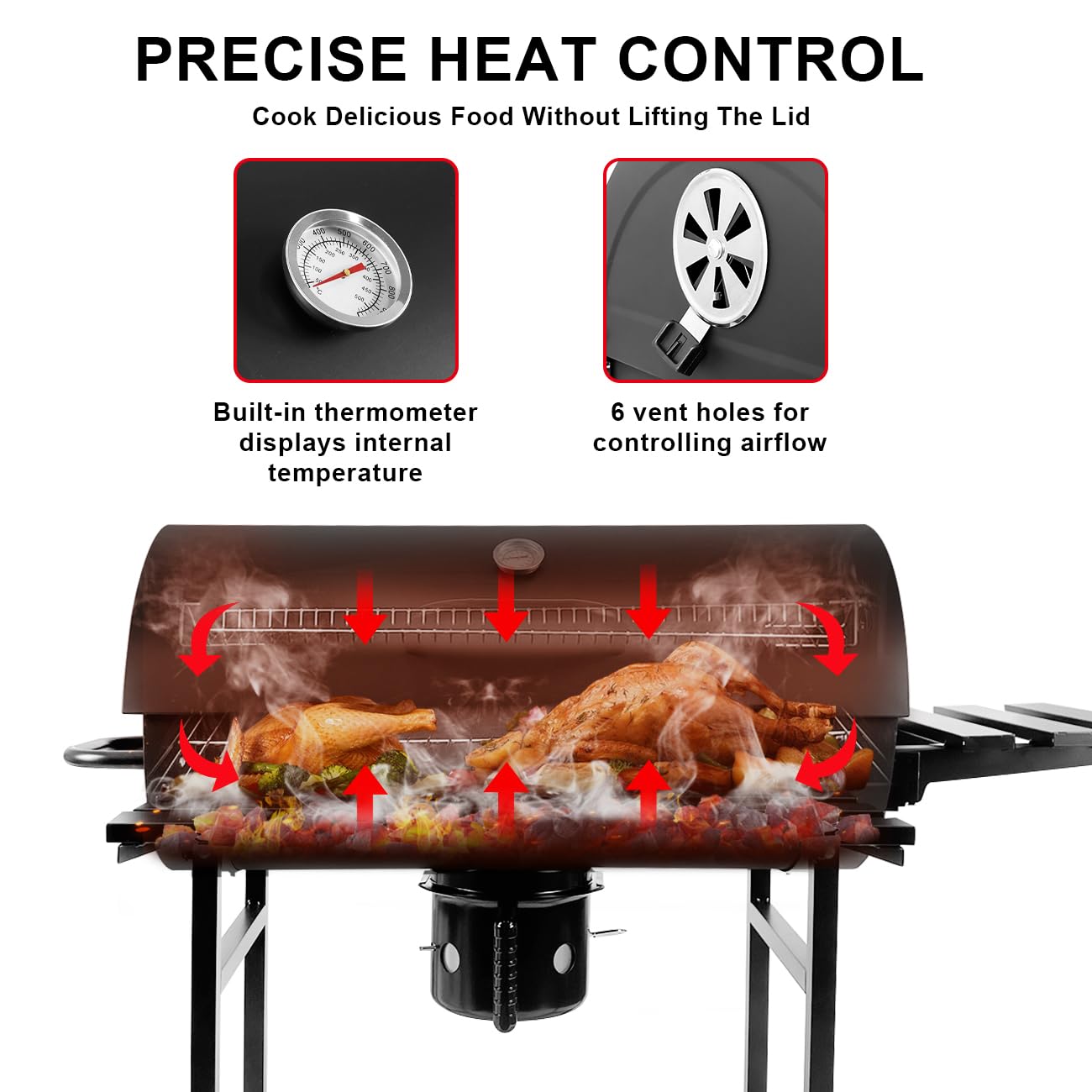 Parrilla de carbón con medidor de temperatura, parrilla grande para exteriores con mesa auxiliar, espacio de cocción de 565 pies cuadrados para 8-12 personas, ideal para acampar y barbacoa 4