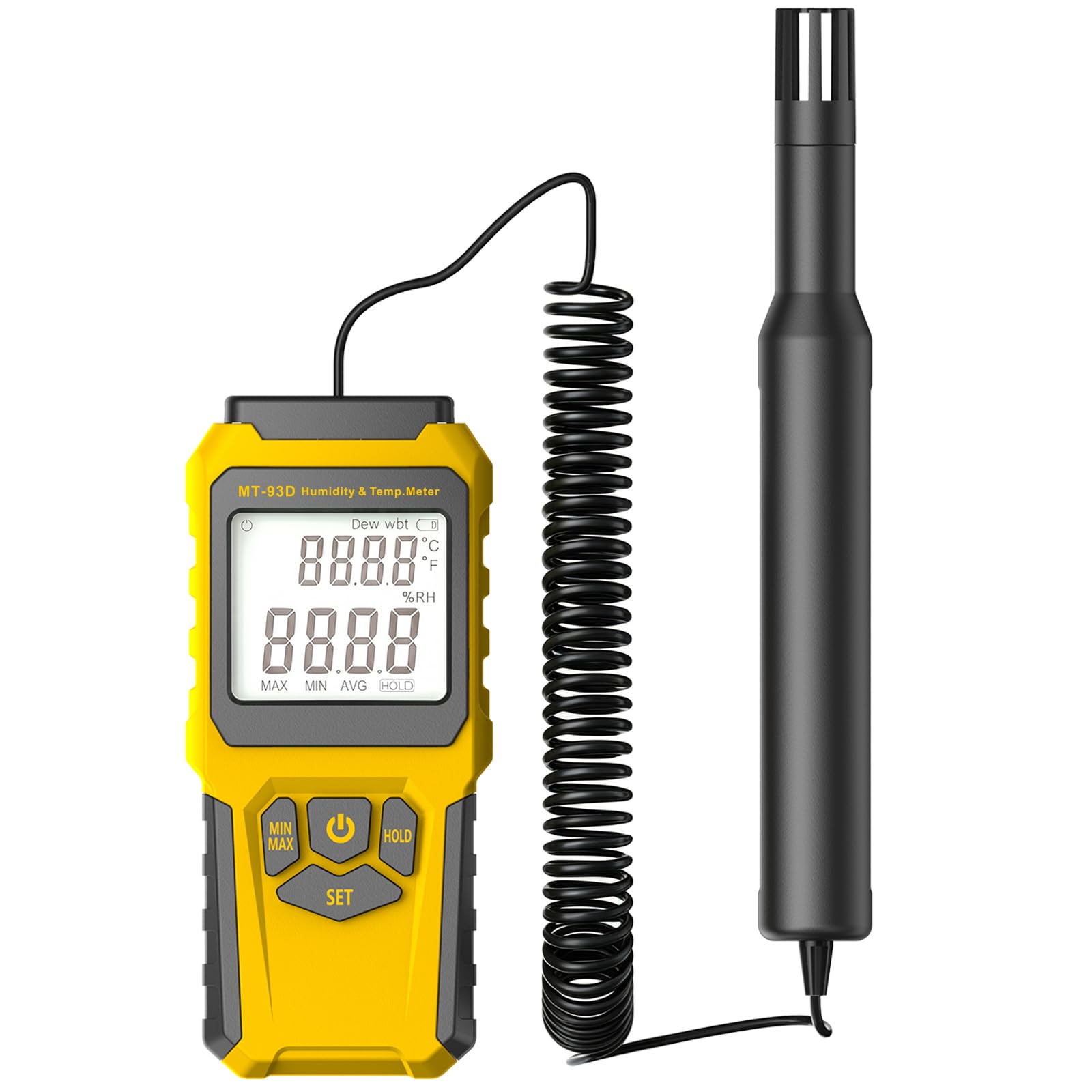 MT-93D Split Thermo Hygrometer Humidity Meter | Flexible spring cord air temp probe, RH dew wet bulb readout, backlit LCD, data hold MAX/MIN, ℃/℉, humidifier HVAC greenhouse-image-43