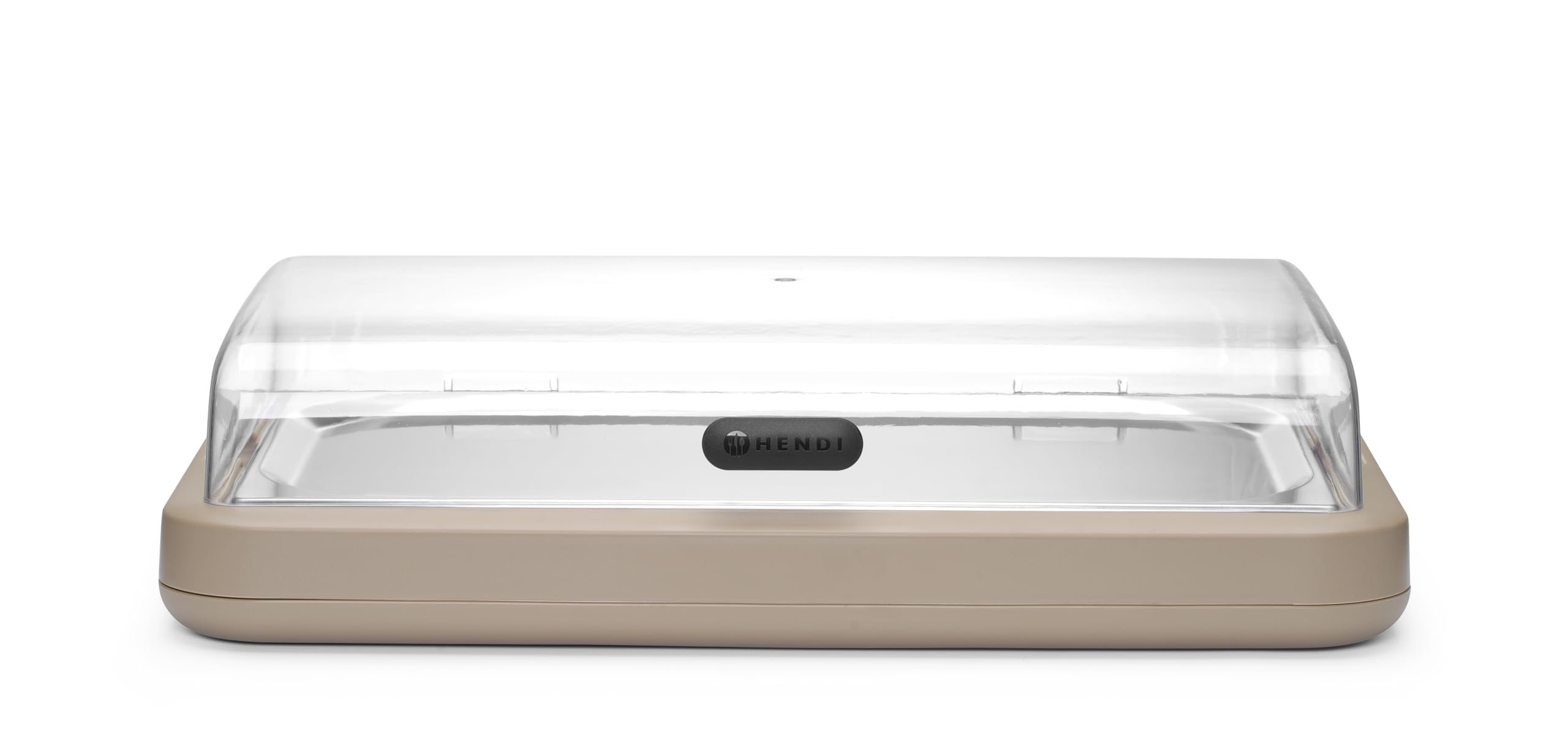 HENDI Expositor refrigerado UNIQ con cubierta transparente abatible de ABS, conjunto exhibidor con bandeja de acero inoxidable GN 1/1, bloque refrigerante, 593x389x(H)147mm, polipropileno, beis