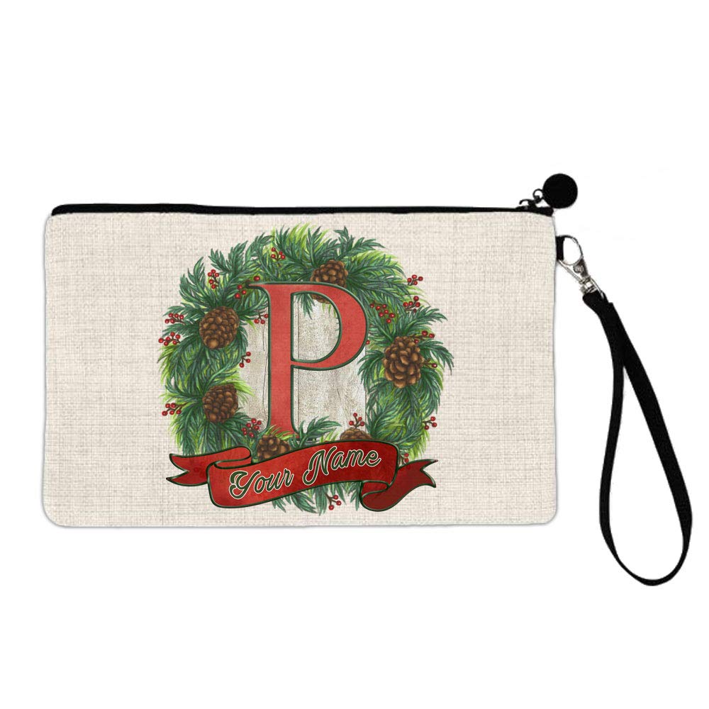 BRGiftShop Personalized Custom Name Pinecone Wreath On Wood Monogram Letter P Large Linen Cosmetic Bag with Zipper