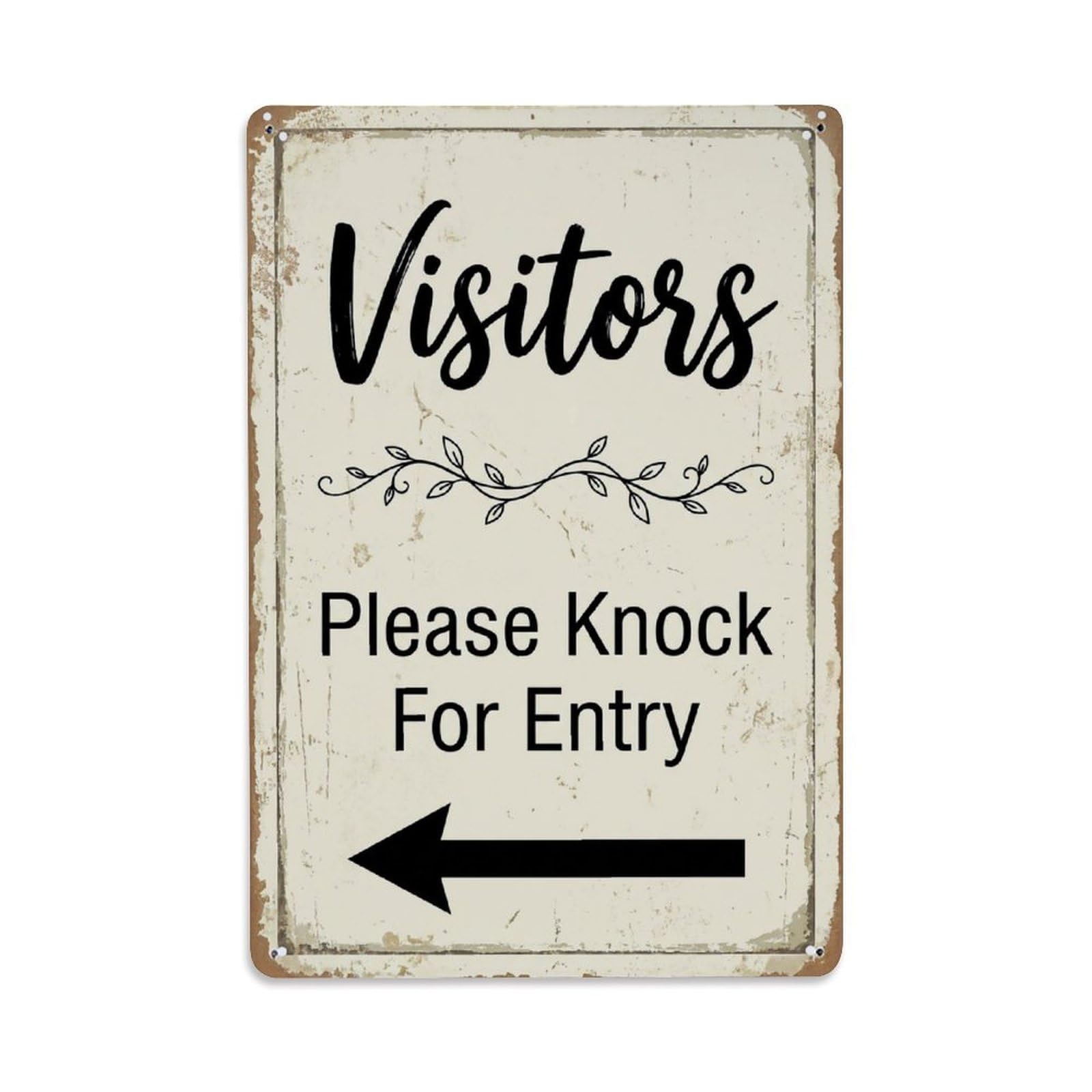 Metal Tin Sign Vintage Visitors Please Knock For Entry Arrow Vine