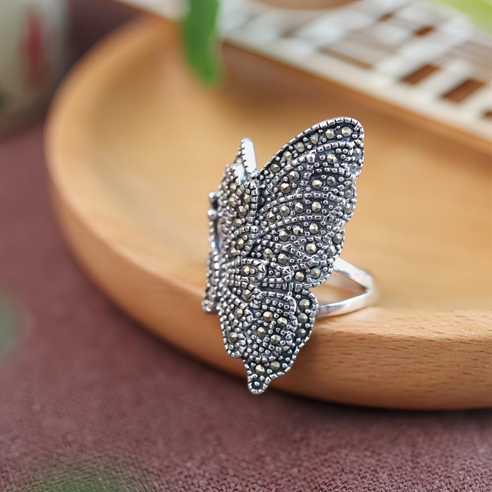Retro 925 Sterling Silver Butterfly Ring with Marcasite Stones for Women Size 6-9