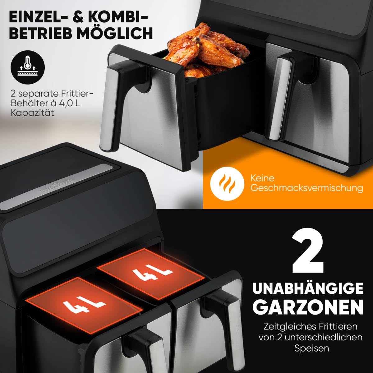 Proficook, Dwukomorowa frytkownica na gorące powietrze 8 l PC-FR1287H, 2 pojemniki 4 l, stal nierdzewna, 9 programów automatycznych, oszczędzanie energii, automatyczne wyłączanie