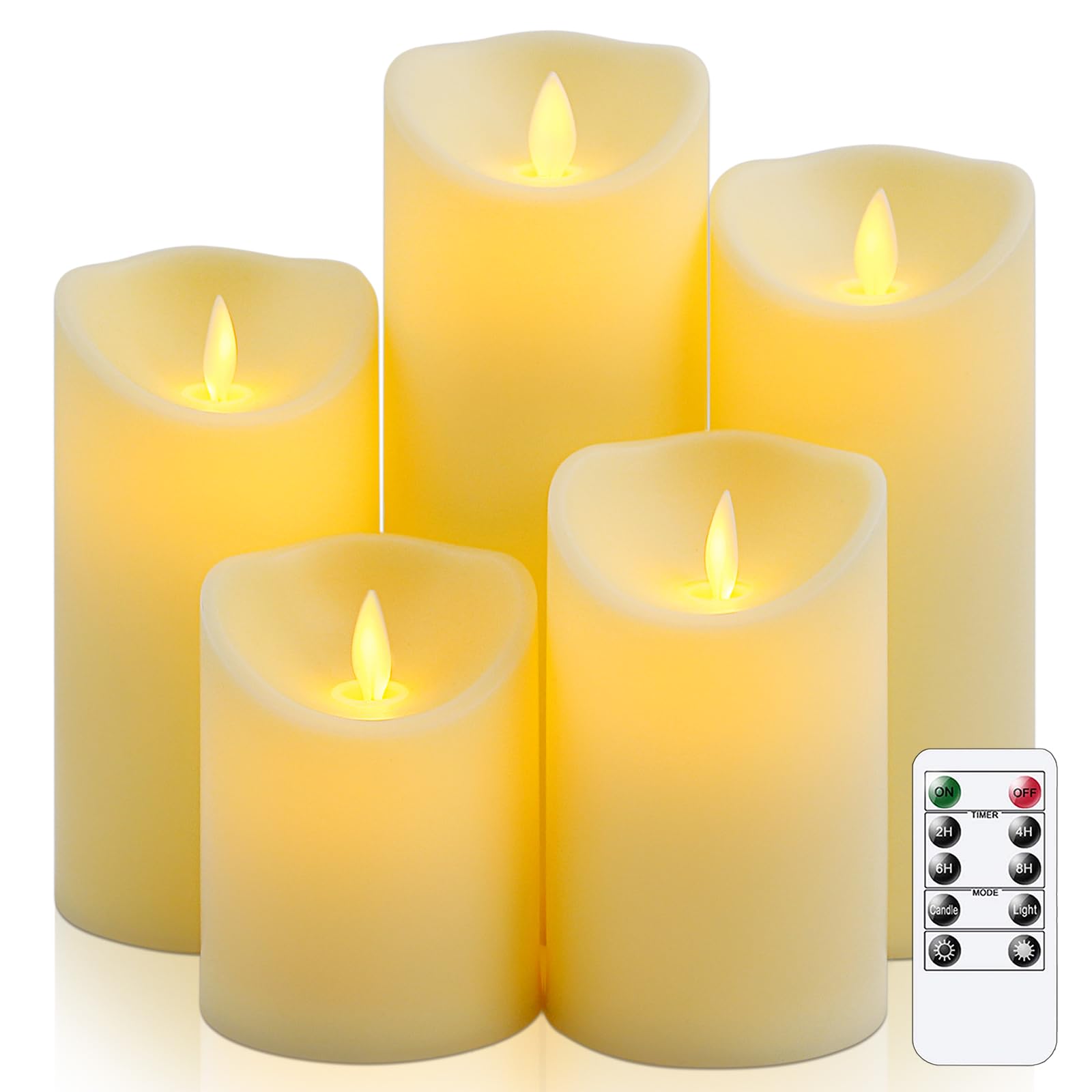 Vtobay Pack de 5 Velas LED sin llama con mecha móvil 7,5cm x10 12,5 15 17,5 20cm con mando a distancia, temporizador de parpadeo Velas de luz cálida de plástico marfil