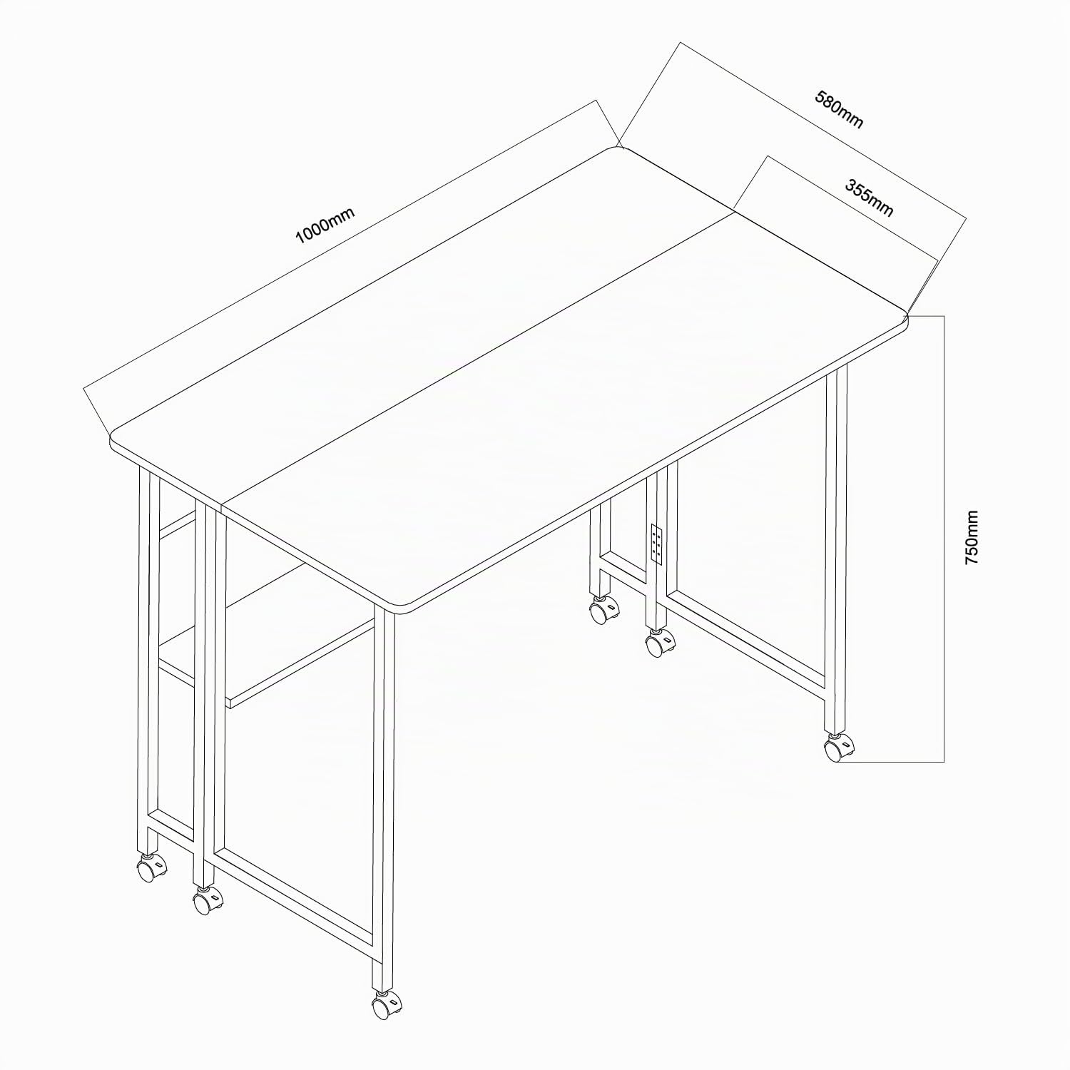 Maclean MC-126 Escritorio Plegable con Estante y Ruedas | Tablero de 100x58 cm | Capacidad de Carga de 50 kg | Plegado Rápido | Mesa Móvil Compacta para Teletrabajo, Estudio, Oficina en Casa (Blanco)