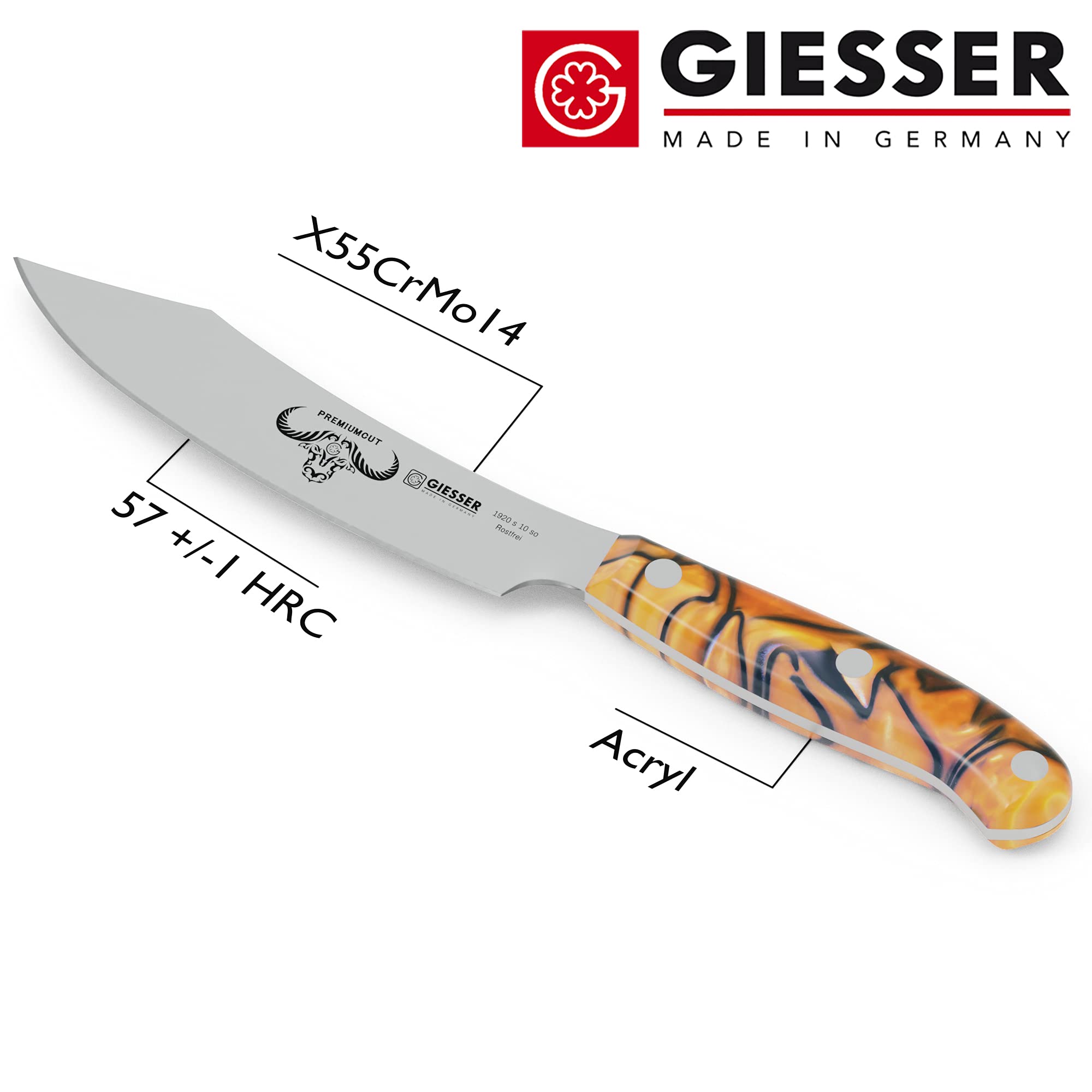 Giesser seit 1776 - Made in Germany - Spickmesser 10 cm Spicy Orange, PremiumCut Office No 1, Officemesser, Acryl, exotisch, rostfrei, deutsches Grillmesser scharf