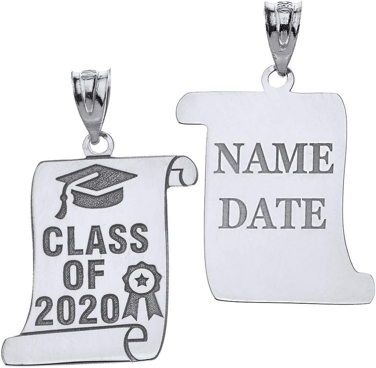 Fine 925 Sterling Silver Personalized Cap & Ribbon Charm Class of 2020 Graduation Pendant