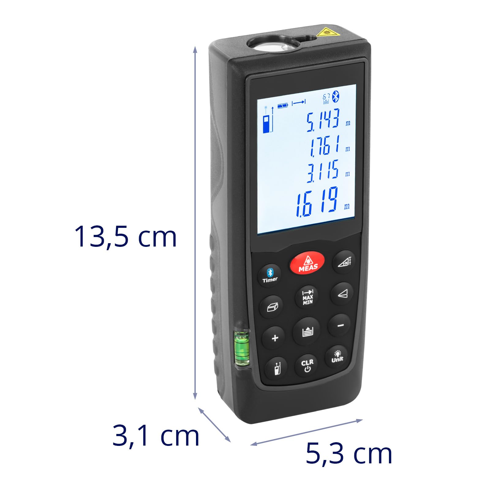 Steinberg Systems Telémetro Láser hasta 70 m con Precisión de 1,5 mm Bluetooth IP54 Nivel de Burbuja Medidor de distancia Láser para medir distancias Telémetro con láser