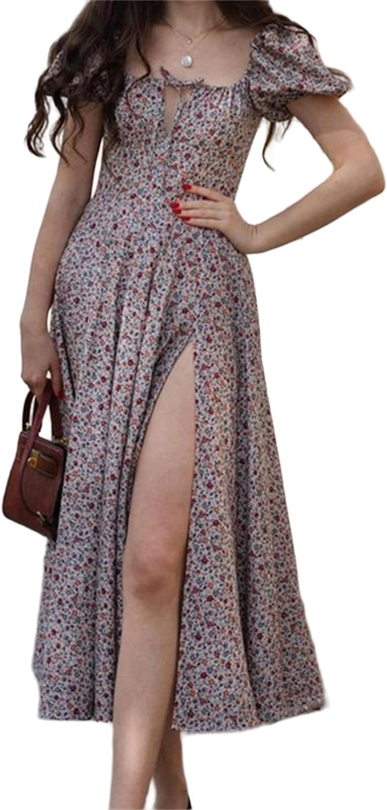 Women's Puff Sleeve Floral Maxi Dress Square Neck Boho Split Long Dresses Summer A Line Casual Beach Dress 2025