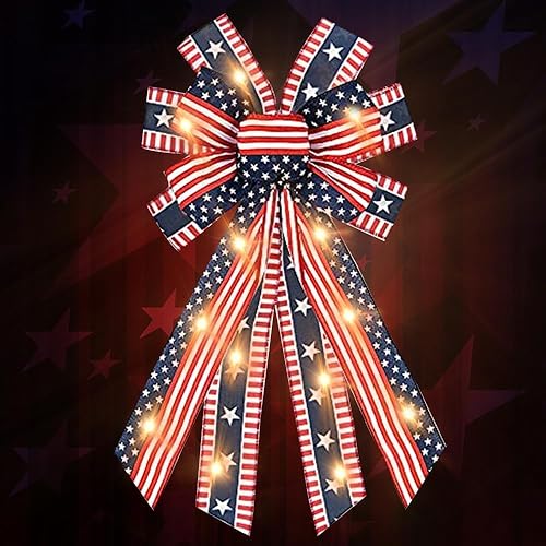 Hying Arcos LED para corona del 4 de julio, lazos de corona patrióticos LED, lazos de arpillera rojo y azul, lazo de banderas estadounidenses con