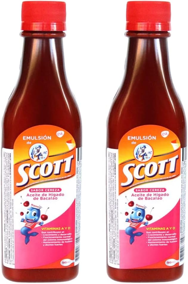 Emulsion de Scott 180 ml Cod Liver Oil with Vitamin A, D Calcium Dietary Supplement for Kids and Children 2 Pack (Cherry, frutas tropicales, Tradicional) (Cereza (Cherry))