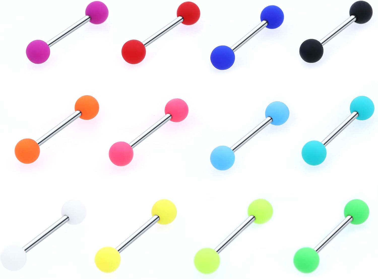 PiercingArt 24PCS Acrylic Tongue Rings Plastic Rubber Nipple Rings Neon Colorful Pink White Green Yellow Black Orange Teal Matte Balls Sexy Barbell Piercing Jewelry For Women Men 14G
