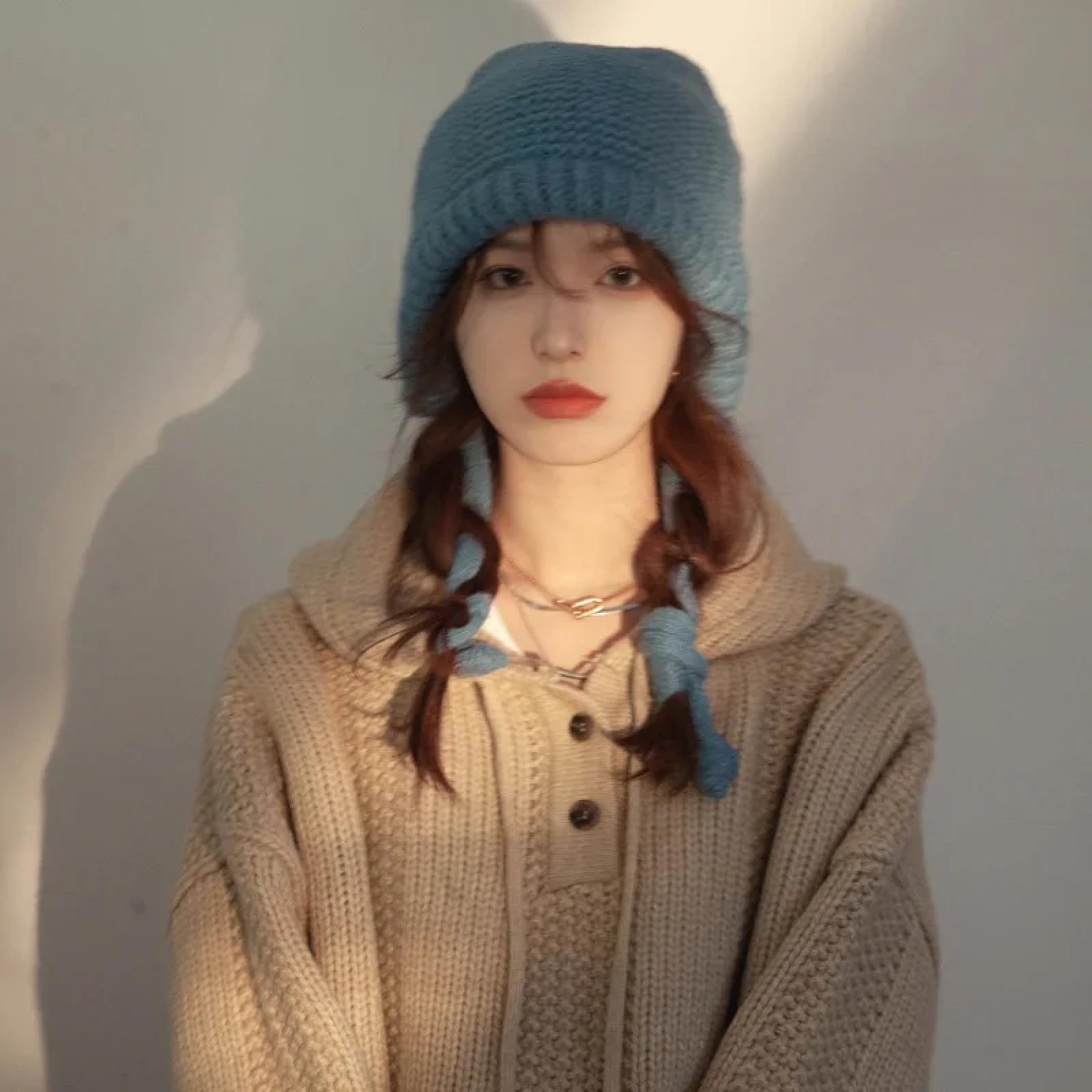 Czapki Czapki Skullies Czapki Beanie Zimowa Dzianinowa Czapka dla Kobiet Jednolity Kolor Miękka Binnet Pogrubiona Wiatroszczelna Czapka Z Kapturem Regulowane Paski Ochrona uszu Czapka