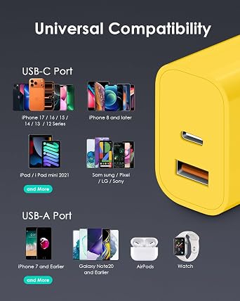 [4 Pack] USB C Charger Block Fast Charging Multiport Adpater [PD 20W USB-C & QC 3.0 USB-A Port] for iPhone 17/16/15/14/13/12/11/X/8, iPad, Galaxy, Google & More [Yellow]