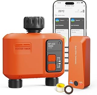 Bewässerungscomputer WLAN 2 Ausgänge mit 300 Meter RF, Automatische Garten Smart Bewässerungsuhr mit App/Sprachsteuerung, Bewässerungssystem Regenverzögerung für Balkon Rasen Garten