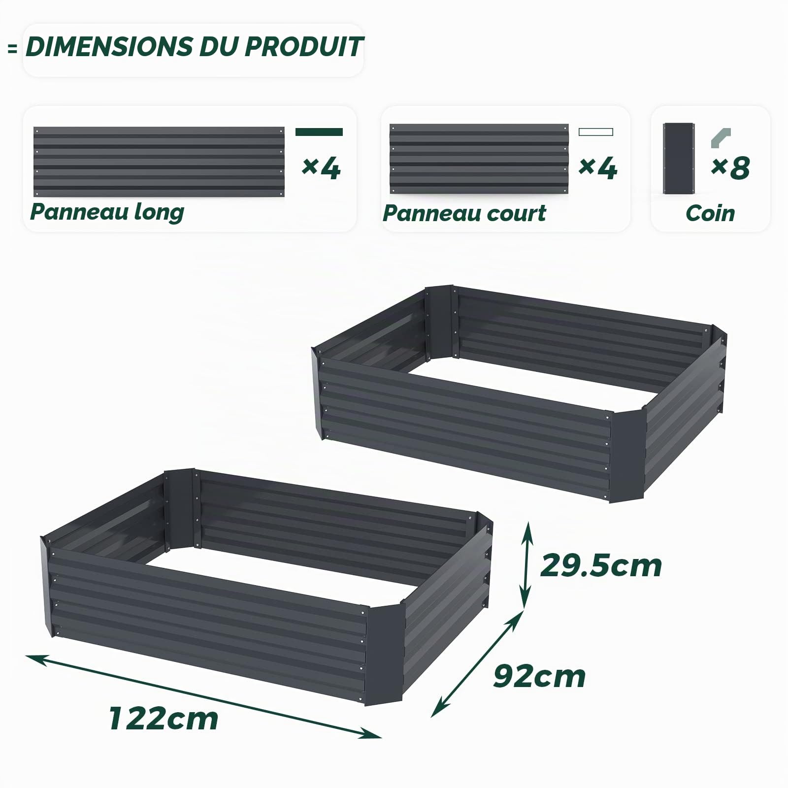 Lot de 2 jardinières surélevées en métal (120 x 90 cm) - Jardinière surélevée pour l'extérieur - Parfait pour les légumes, les fleurs, les herbes, les plantes