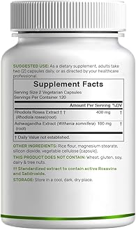 DEAL SUPPLEMENT Rhodiola Rosea with Ashwagandha, 240 Veggie Capsules – Max Strength 10:1 Root Extract – Adaptogenic Supplements for Relaxation, Energy, & Brain Health* – Non-GMO