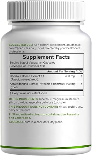 Miniatura 6 de DEAL SUPPLEMENT Rhodiola Rosea con Ashwagandha, 240 cápsulas vegetarianas – Extracto de raíz 10:1 de máxima potencia – Suplementos adaptogénicos