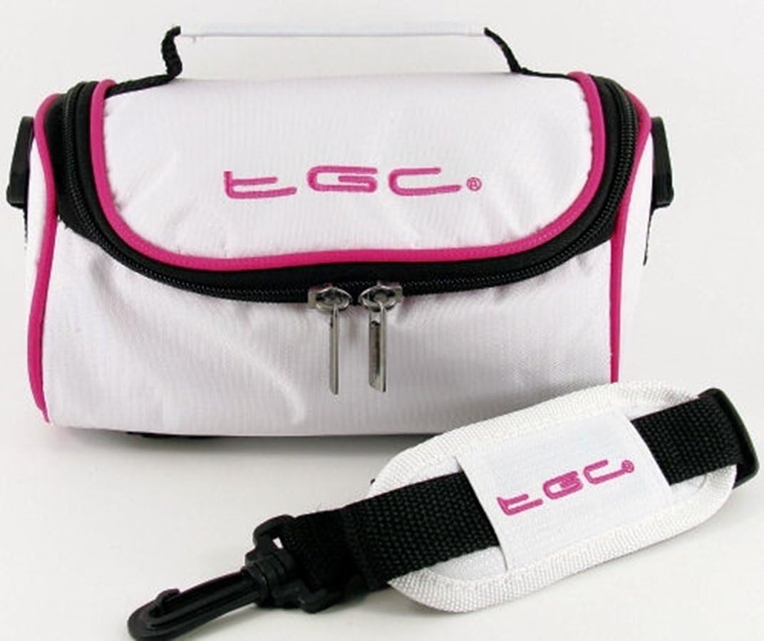 Canon PowerShot ELPH 190 IS, ELPH 360 HS Camera Case Bag by TGC ® with shoulder strap and Carry Handle (Cool White With Hot Pink Trims)